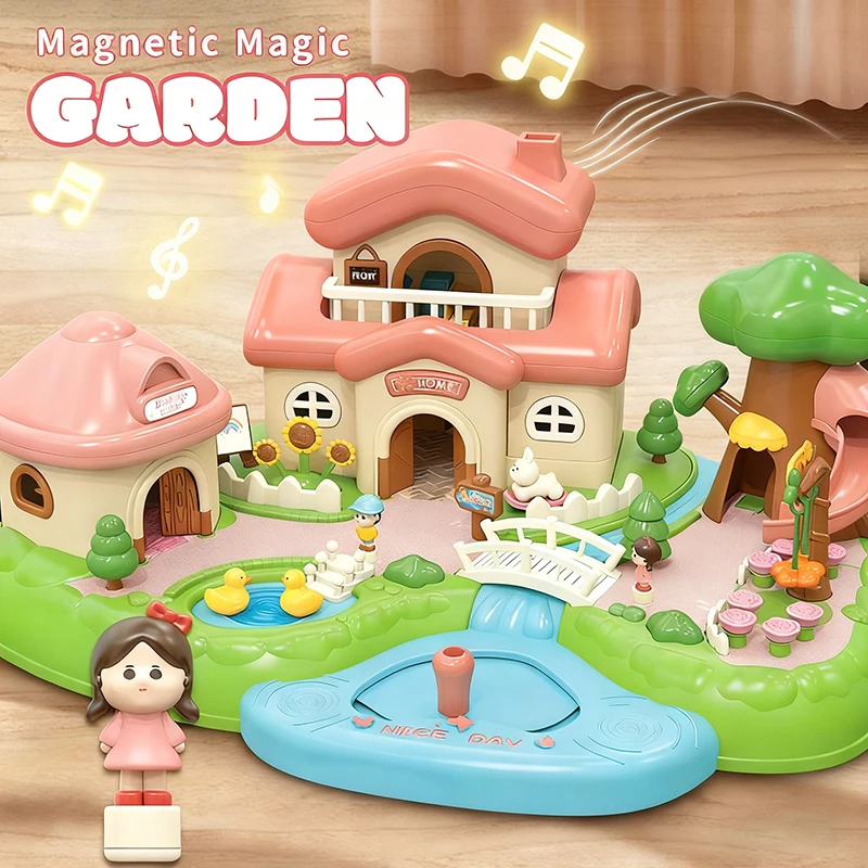 Magic Doll House Playset Girls Toys Magnetic Control Movable Princess Castle Garden Dollhouse Toddlers Pretend Play Toys 3-6year