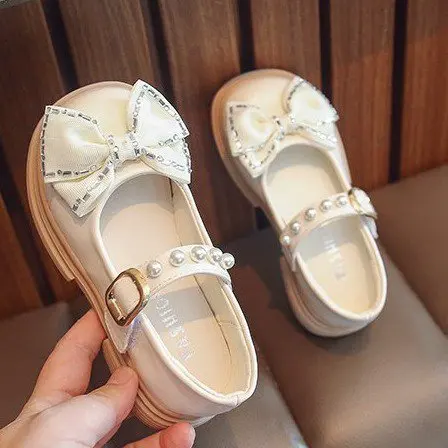 

2022 Autumn New Girls Pearl Bow-knot Leather Shoes Fashion Princess Party Dance Shoe Soft Sole Kids Flat Student Rubber Sneakers