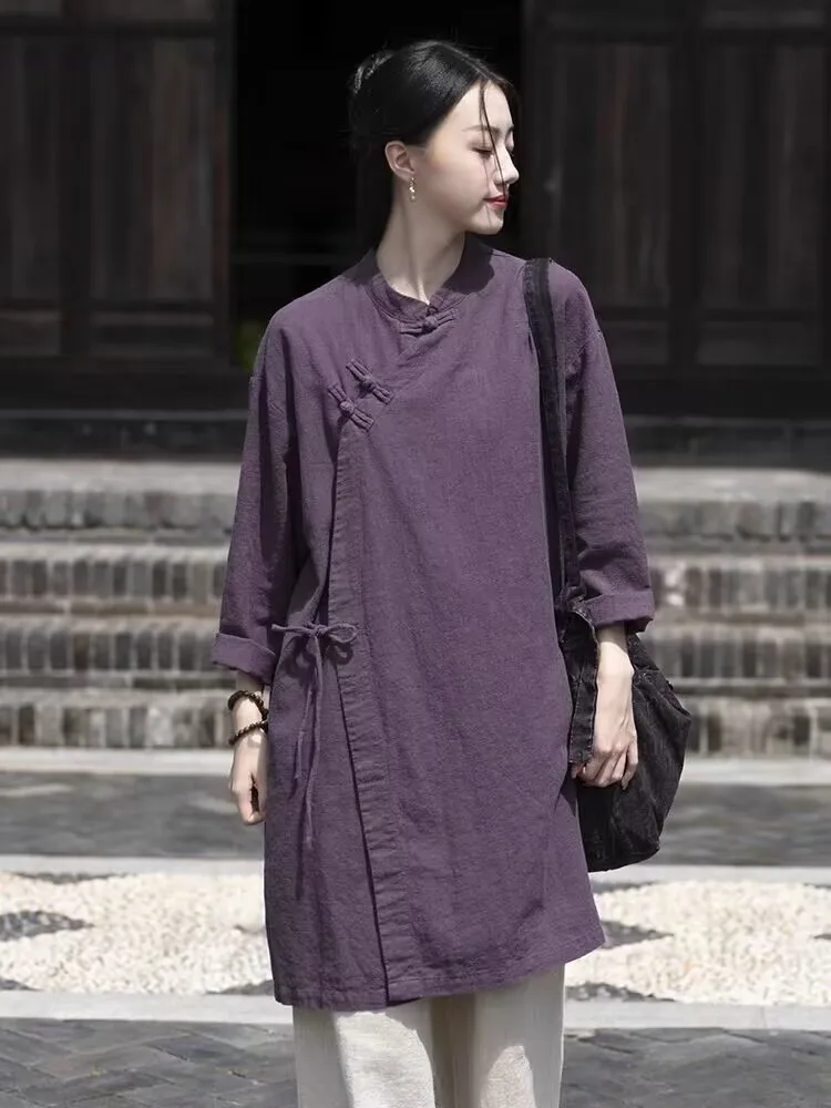 Chinese Style Retro Cotton and Linen Tops China Traditional Clothing Women Mid-length Shirt Vintage Solid Color