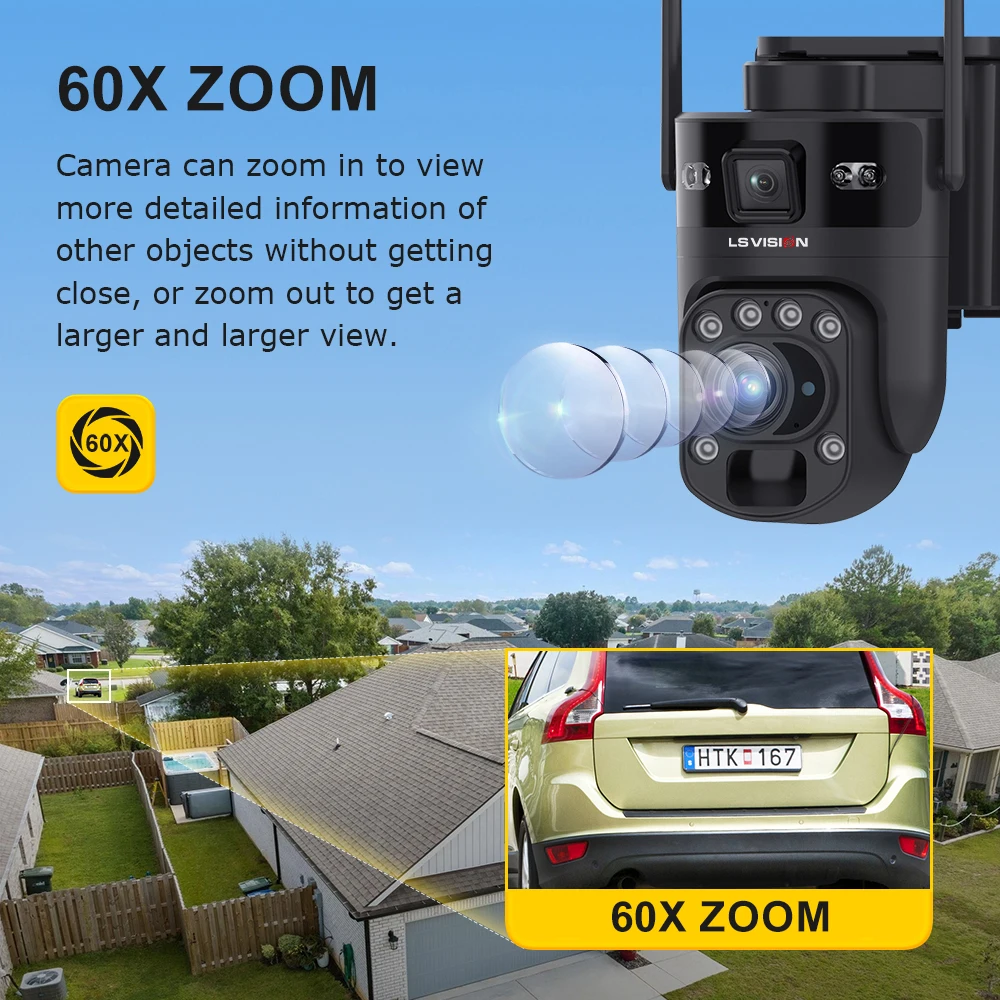 LS VISION 12MP 60배 광학 줌 듀얼 스크린 4G 태양광 카메라 WiFi PTZ PIR 감지 인체 자동 추적 보안 카메라 실외용