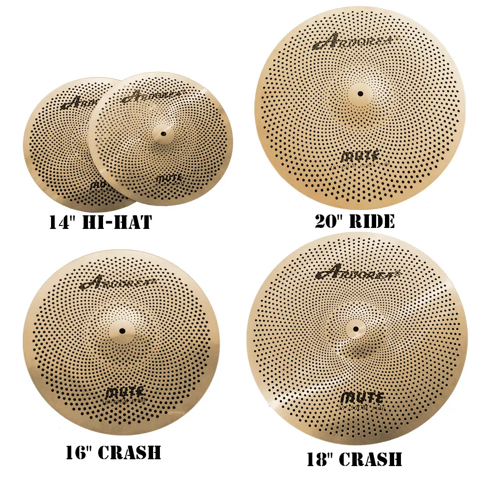 ARBOREA Low Volume Cymbal Sets Mute Cymbals 5 Pieces of 14'' Hihat +16'' Crash +18'' Crash +20'' Ride For Drummer Practice