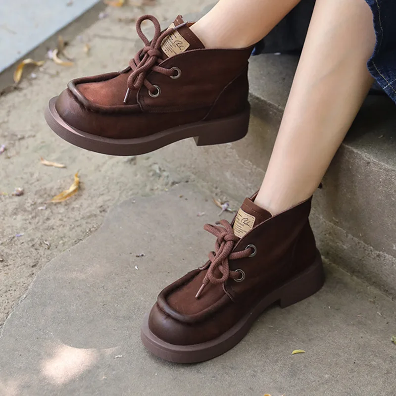 

Birkuir Genuine Leather Retro Thick Heel Ankle Boots For Women Square Heel Lace Up Shoes Luxury Soft Soles Short Boots Ladies