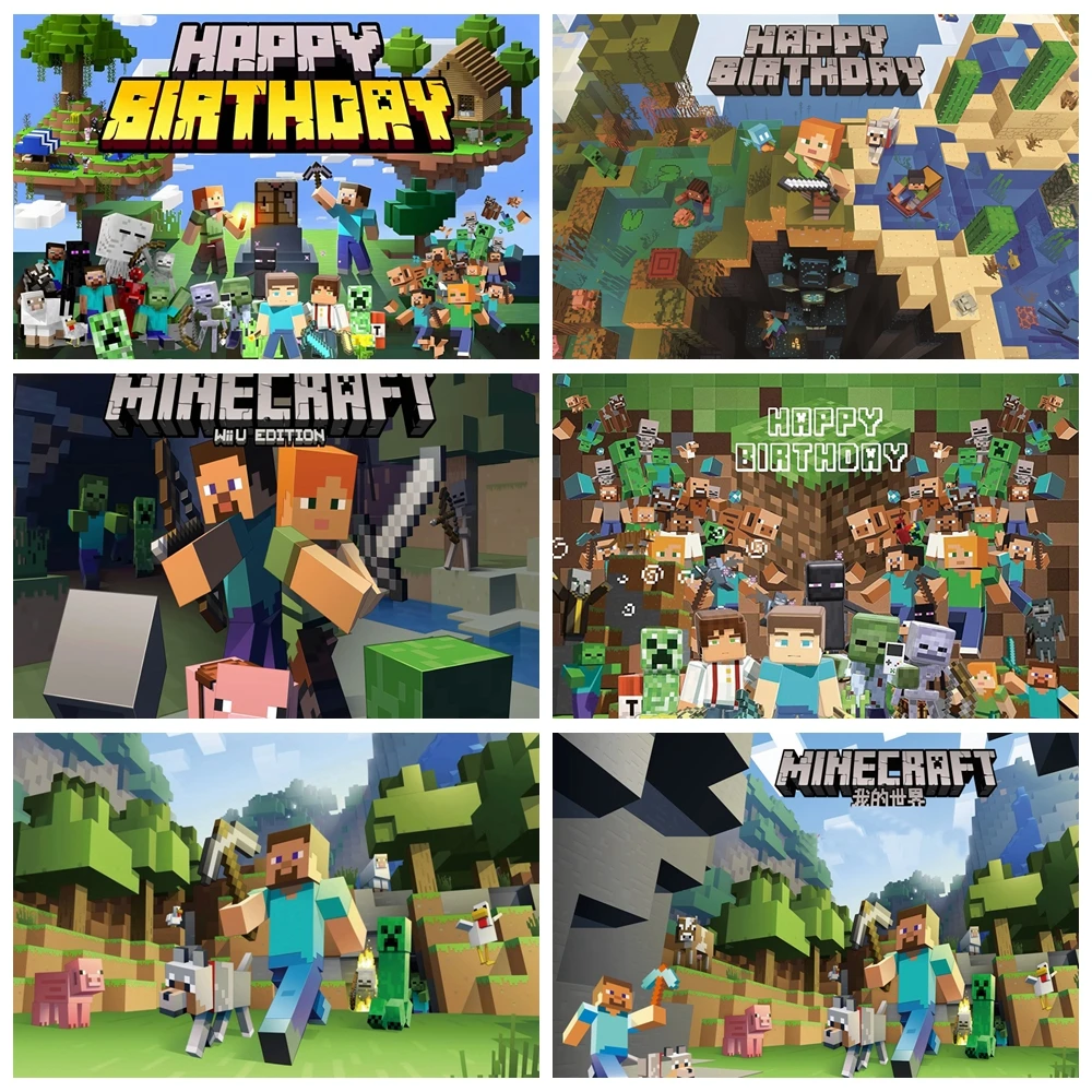 

PC Games Happy Birthday MC Party Photography Backdrop Pixelate Mosaic Decoration Baby Shower Children Background for Photo