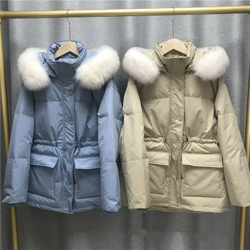 

Women Autumn Winter Hooded Stand Fur Collar All Match White Duck Down Coat Ladies Loose Padded Zipper Pocket Solid Color Jacket