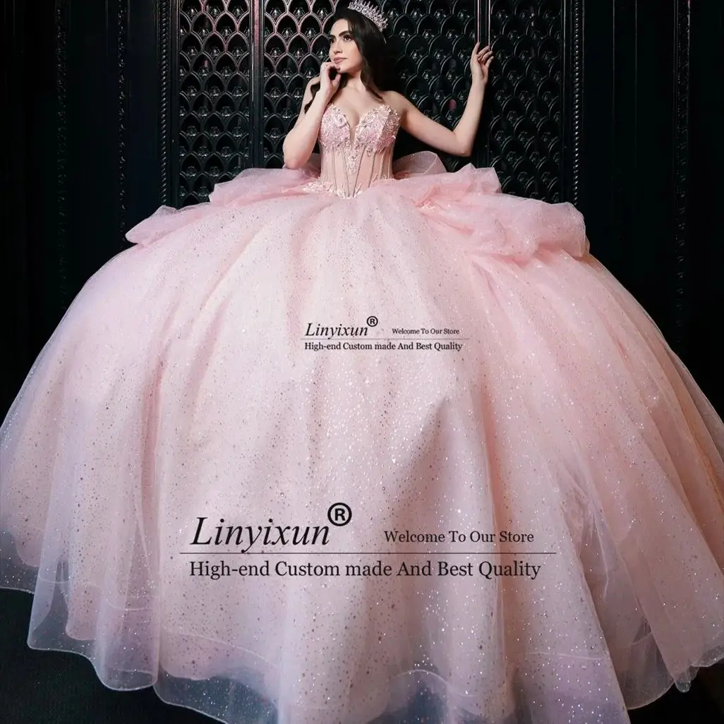 Elegance Pink Princess Mexico Luxury Quinceanera Dresses Bow Straps Crystal Beads Princess Sweet 16 Gowns Vestidos Ball Gown