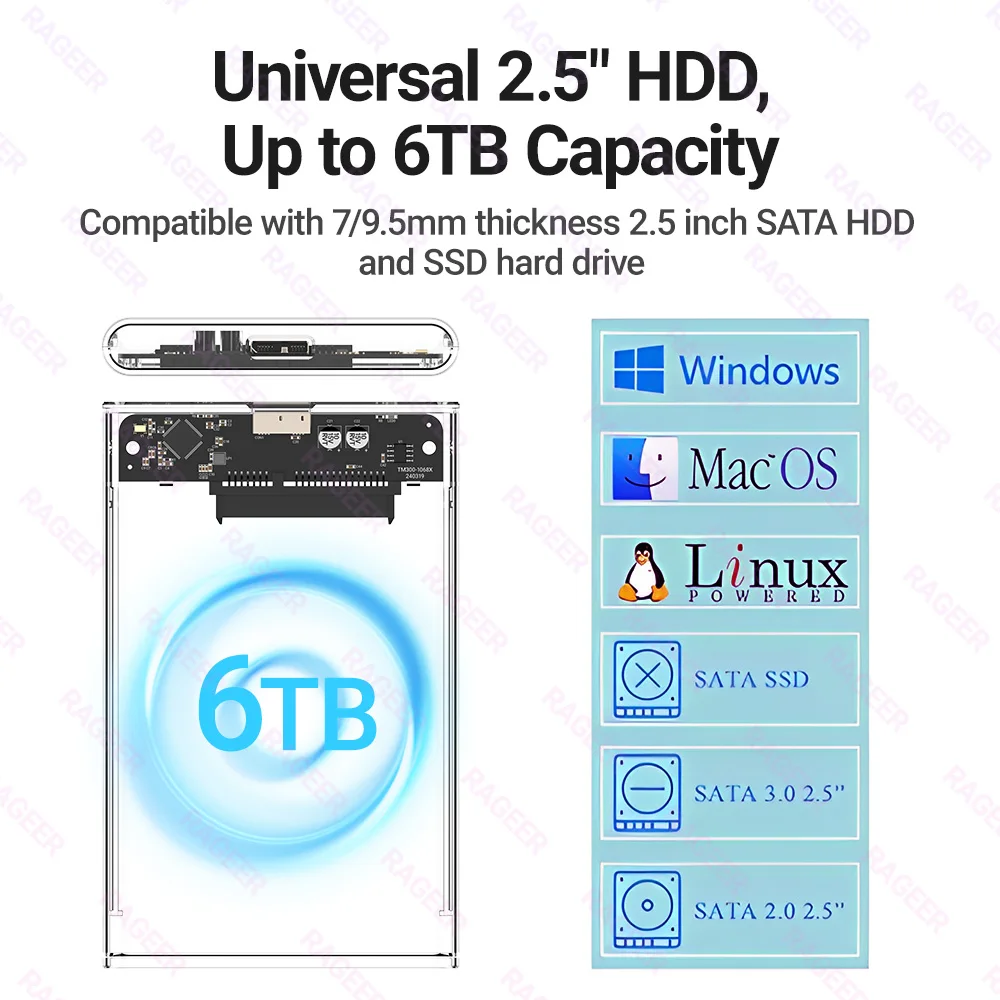 레이지어 2.5 외장 하드 드라이브 엔클로저 USB 3.0 to SATA 투명 하드 디스크 케이스 (7mm/9.5mm SATA HDD/SSD 최대 6TB 지원, UASP 지원)