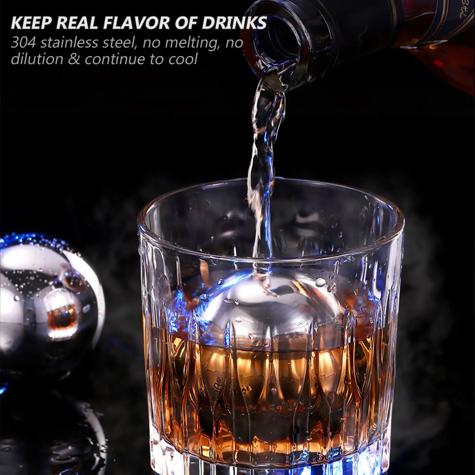 55mm Stainless Steel Ice Cubes Reusable Whiskey Spherical Keep Flavor Beverage 2Pcs