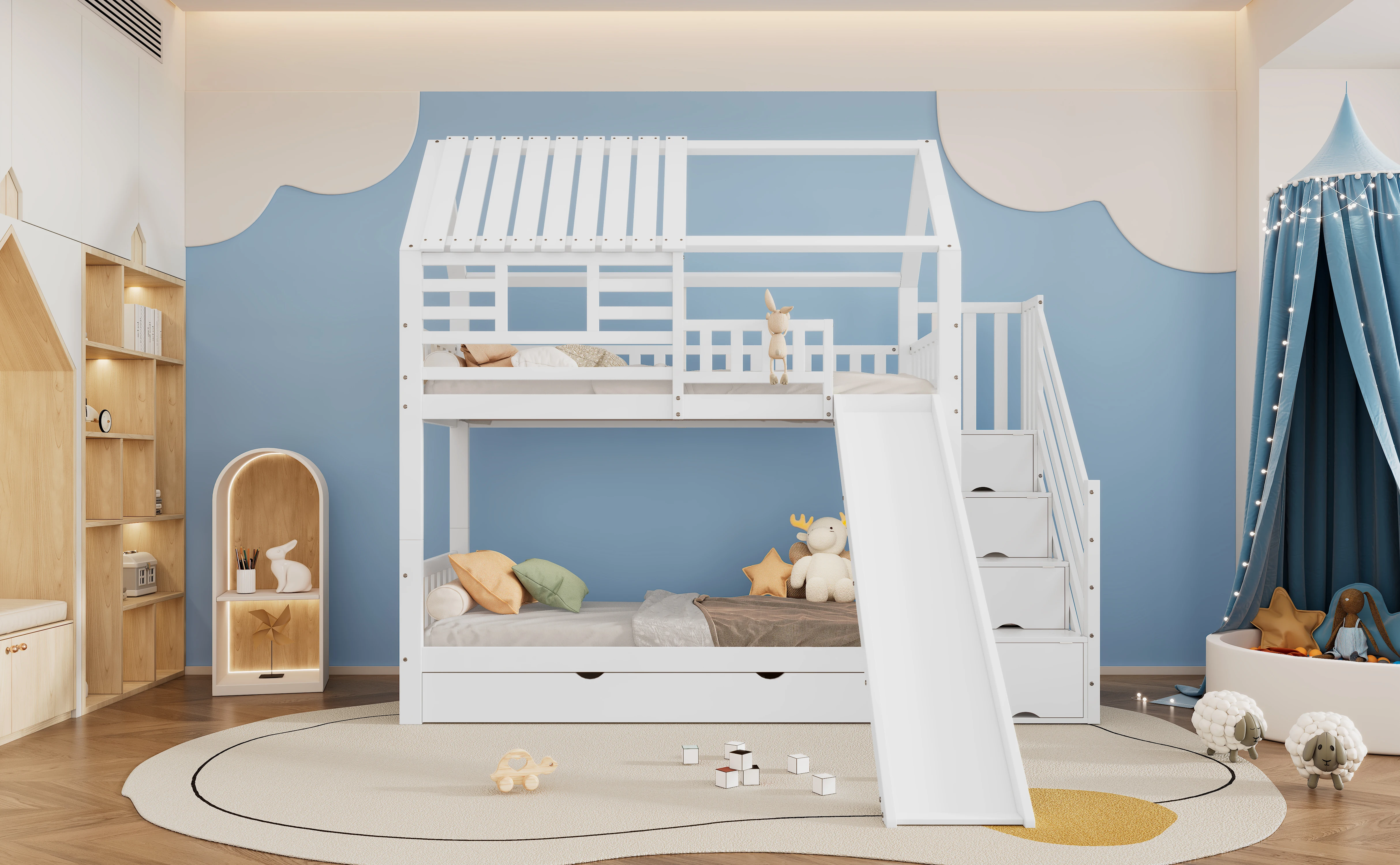 Etagenbett mit Treppe und Rutsche, Hausbett, Treppe mit Stauraum, Rahmen aus Kiefer und MDF, Kinderbett mit Fenster und Dach – Detail 7