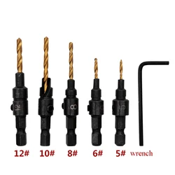 Hss carpintaria rebaixada bit conjunto de metal carpintaria furadeira passo sem fio #5 #6 #8 #10 #12 reamer chanfradura buraco