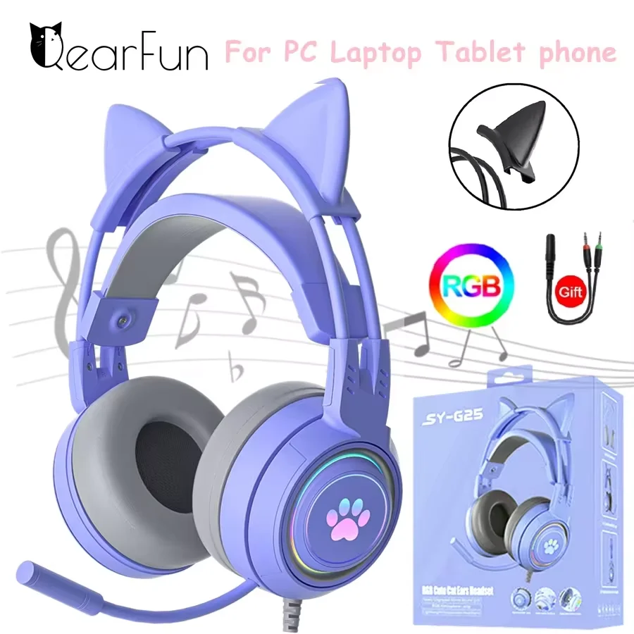 Light Catgirl Headphones Pink Girls Cute Cat Headphones With Mic