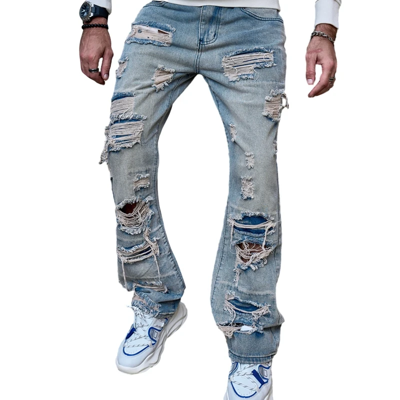 

Ripped Jeans for Men Slim Denim Regular Fit Stacked Denim Distressed Destroyed Pants Mens Washed Jeans with Hole