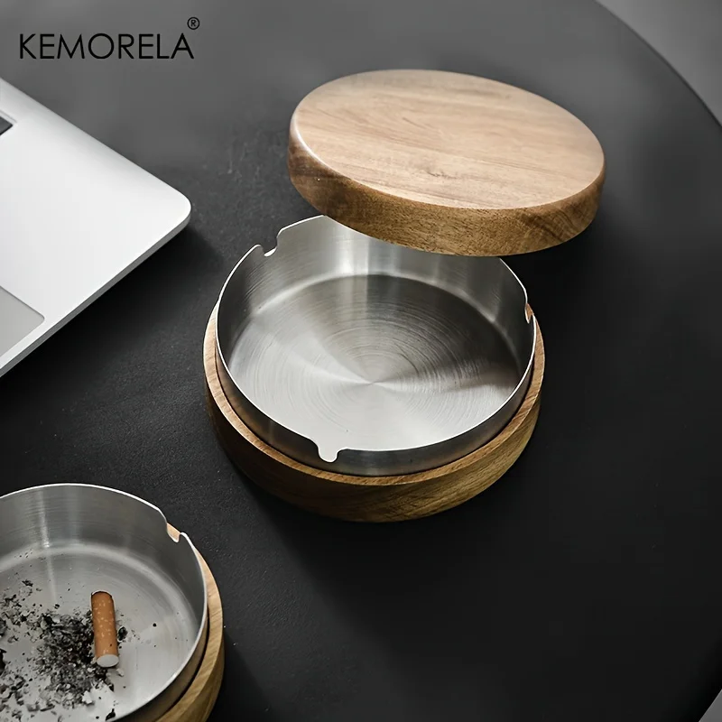 Acacia Wood Desktop Ashtray With Lid Stainless Steel Windproof Ash Tray For Bar Office Home Decoration Smoking Accessories stainless steel ashtray,metal ashtray,wood ashtray