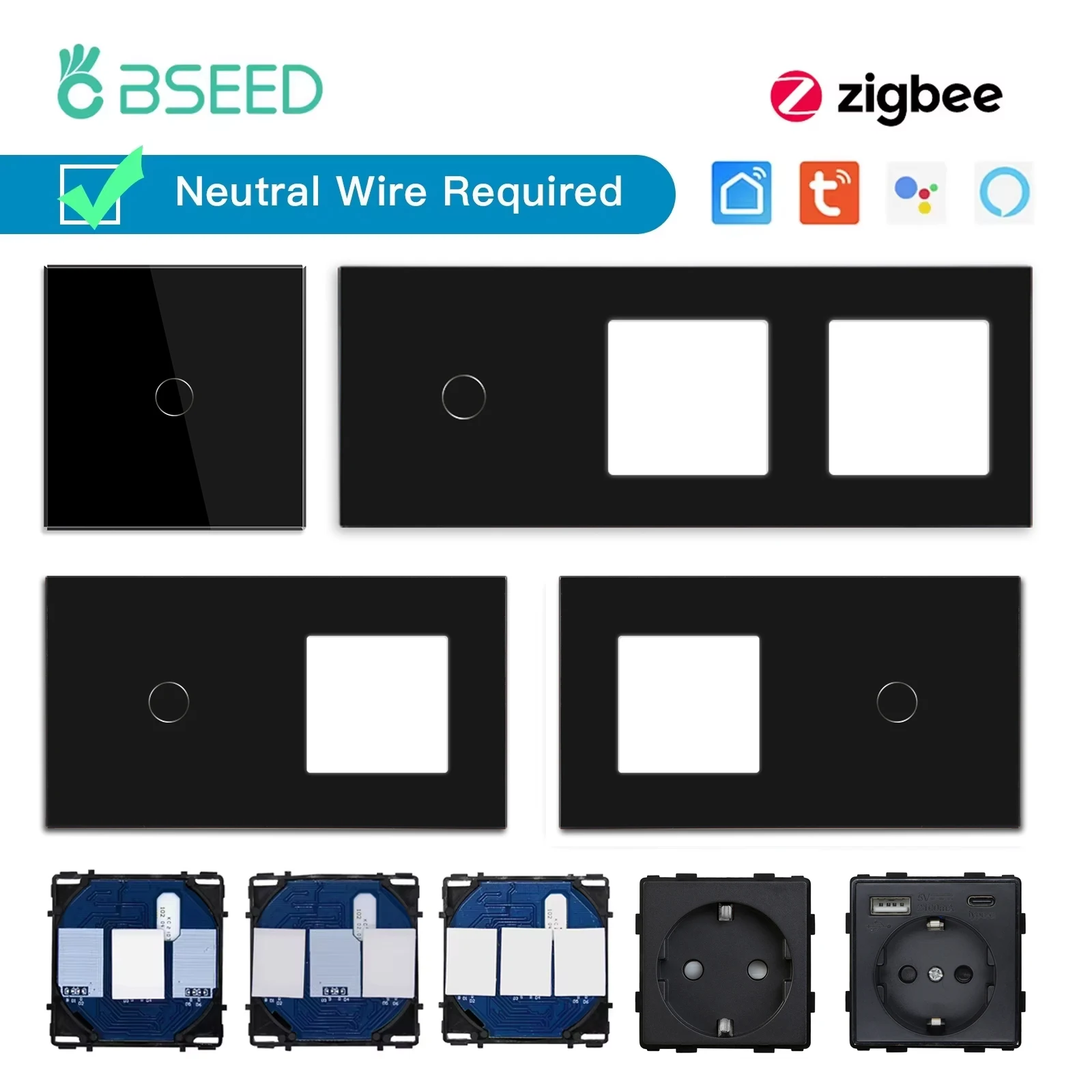 BSEED Zigbee Touch Switches ฟังก์ชั่นฐาน 1/2/3Way แผงกระจก EU Wall สมาร์ทซ็อกเก็ต Tuya Smart Life App ชิ้นส่วน DIY เท่านั้น 1