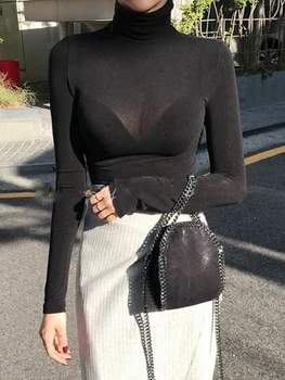 الياقة المدورة ضئيلة عالية الجودة عادي تي شيرت المرأة القطن مطاطا الأساسية الإناث بلايز كم طويل مثير رقيقة تي شيرت انظر من خلال 2025