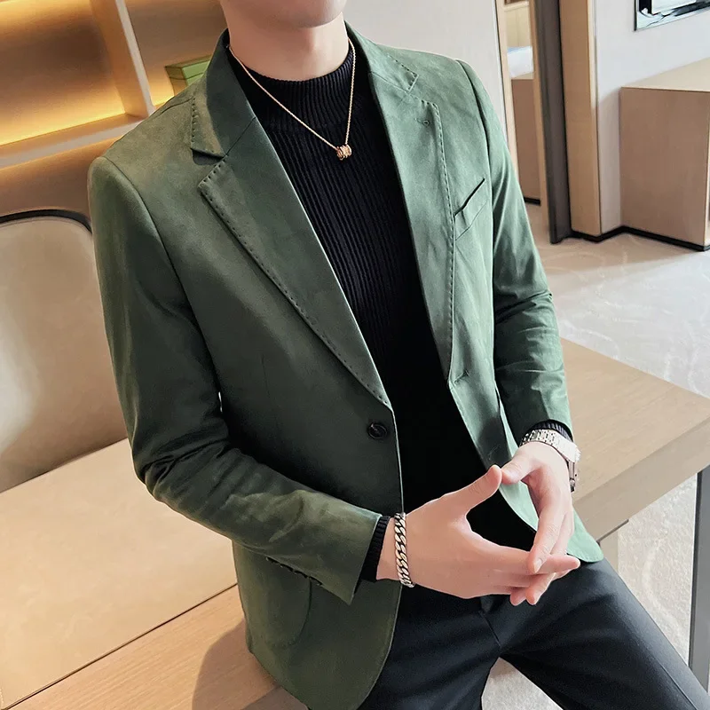 Men Deerskin Velvet Suede Fabric Suit Jacket Slim Suit Jacket Male Casual Business Single Button Blazer Coat Plus Size Xxxl