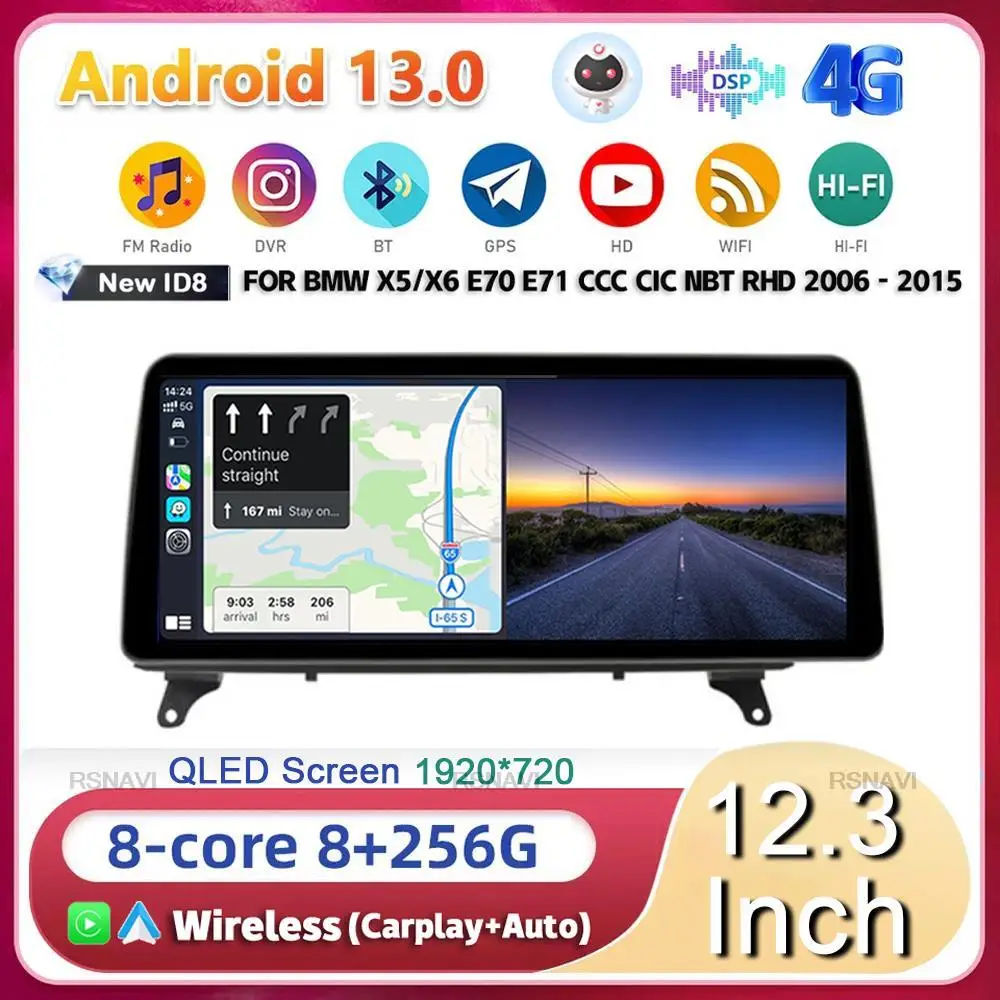 

12.3" Android 13 ID8 Carplay Android auto Multimedia Player Car Radio For BMW X5 E70 X6 E71 2007-2013 RHD CCC CIC NBT Head Unit