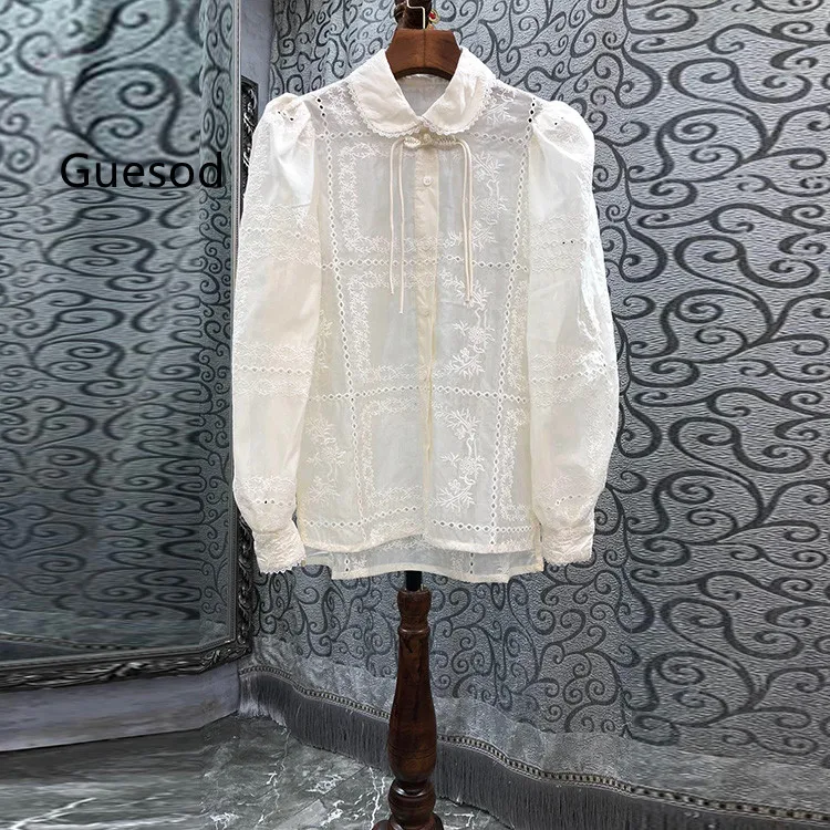 

Women Blouse 2022 Autumn Female Turn-Down Collar Embroidery Hollow Out Long Sleeve Blouse New