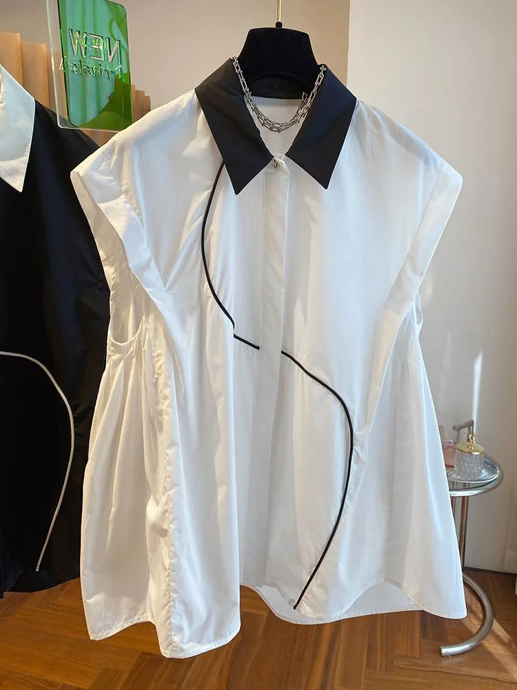 

SuperAen 2024 Корейская Высококачественная дизайнерская нишевая рубашка-трапеция без рукавов Женская летняя Свободная рубашка