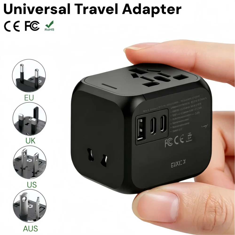 Universal Travel Charger Adapter with Dual USB and Type-C Ports - All-in-One Global Plug Solution