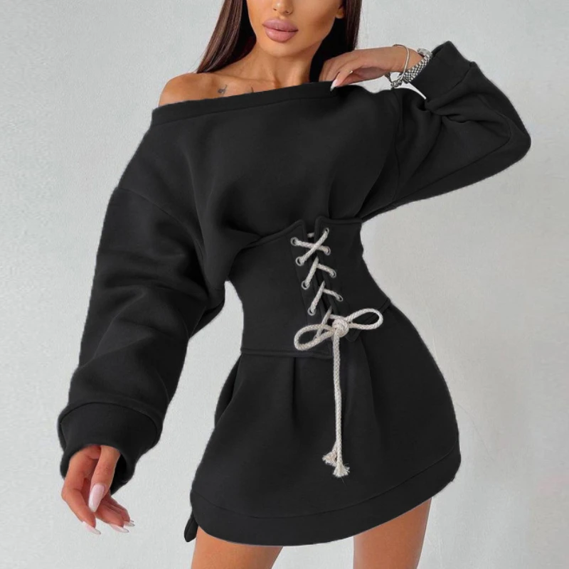 

Women's 2023 Autumn and Winter New Solid Color Round Neck Long-sleeved Loose Casual Elastic Waist Sweater Skirt Women's Skirt