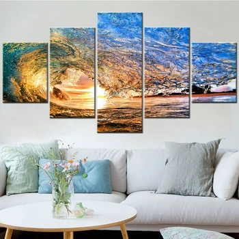 5 Pcs Sea Sunset in Waves Canvas Painting - Modular Wall Art Poster Prints for Living Room Home Decor
