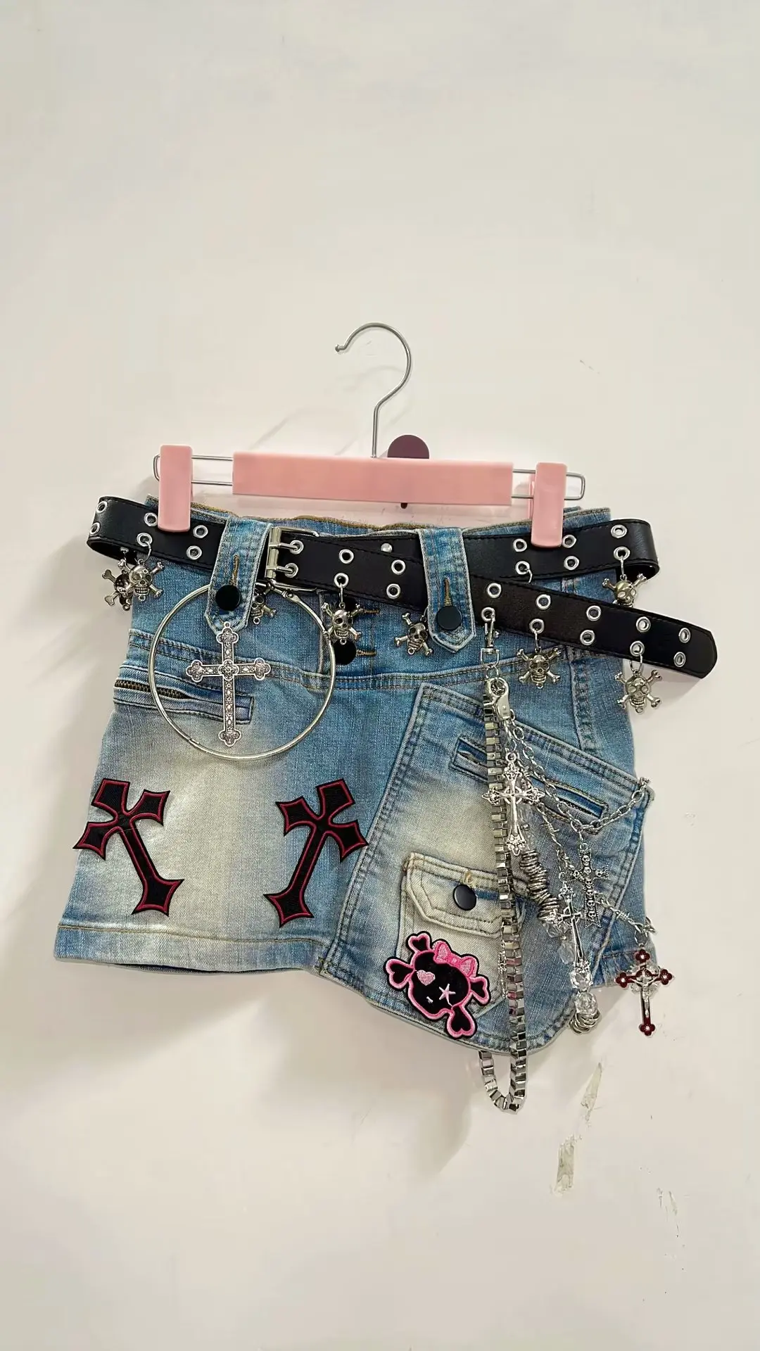 Metal Pendant Chain Denim Mini Skirt 3