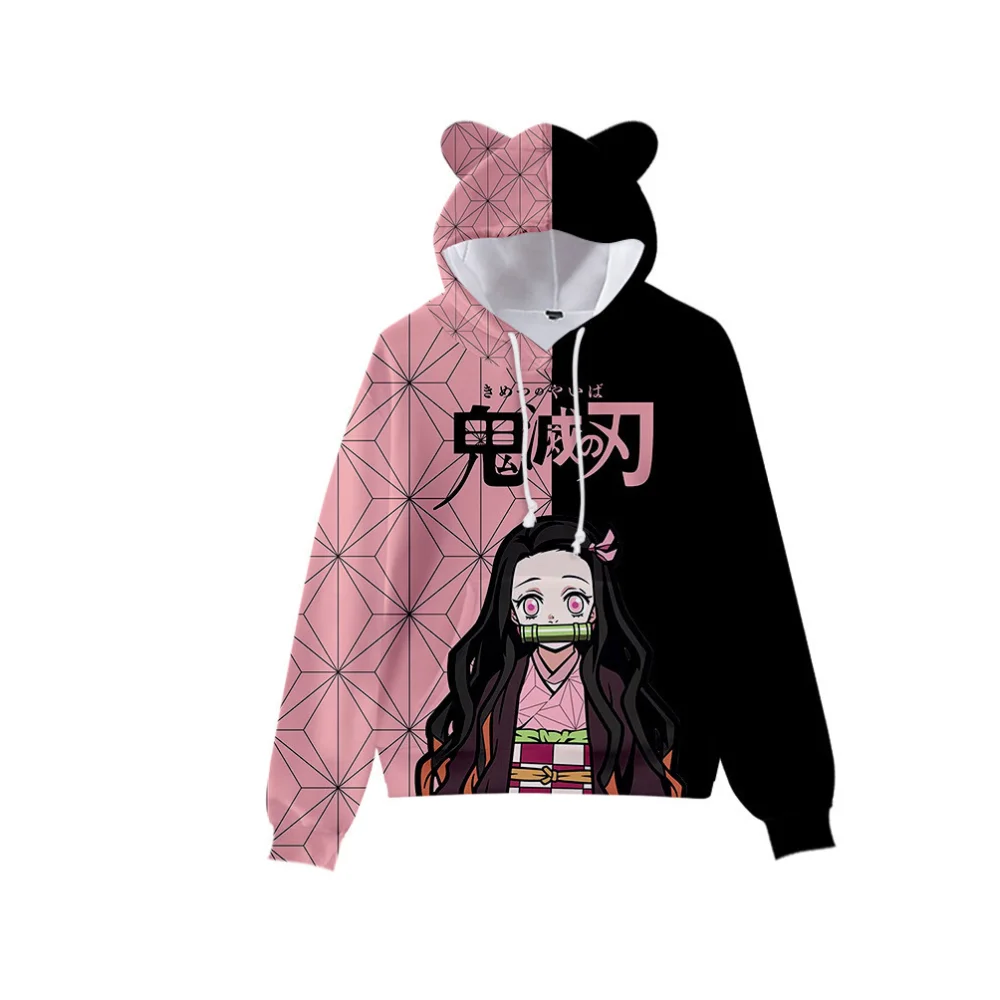Japan Anime Demon Slayer Print Pullover Cute Cat Ears Hoodies Men Cartoon Sweatshirt Cosplay Costume