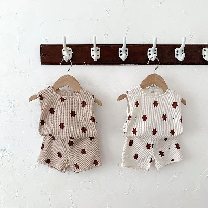 Summer Baby Clothes Suit Waffle Bear Infant Girls Vest And Shorts