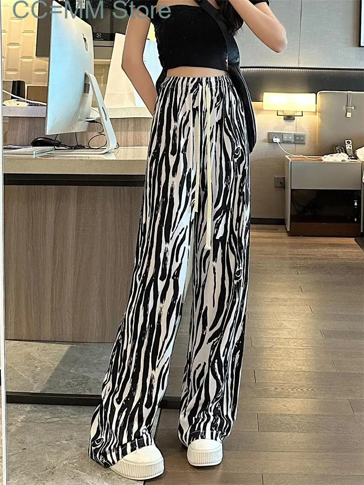 New Zebra Stripes Pants Women Streetwear Elastic Waist Drawstring Wide Leg Pants Women Straight Full Length Pants