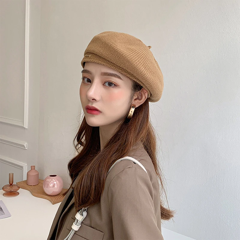 

Women's Knitted Berets Hat Ladies Solid Color French Artist Beanie Cap Soft Retro Acrylic Bonnet Adjustable Newsboy Painter Hat