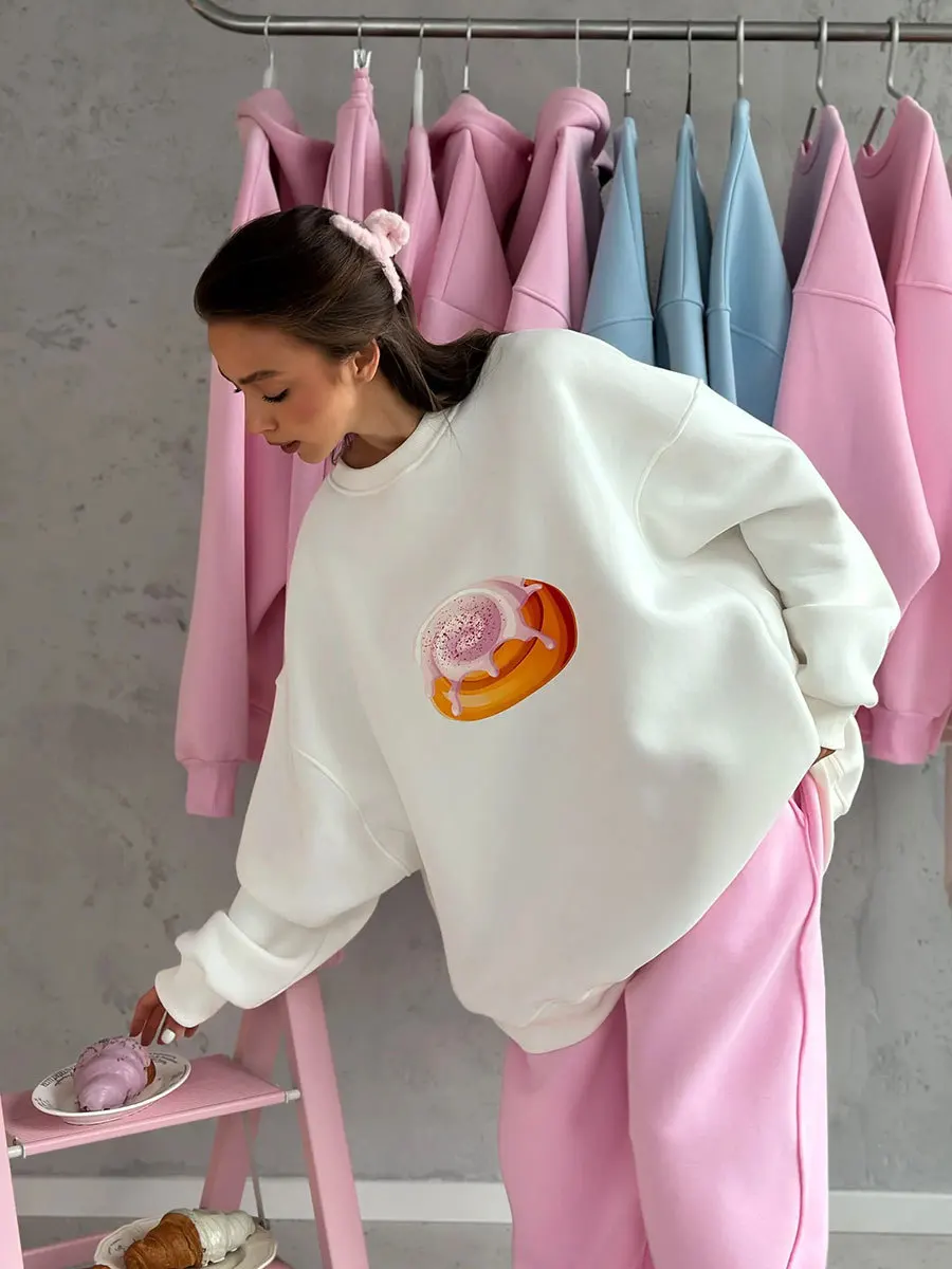Bornlaides New Autumn Winter  Cake Printed Pullover Women's Plush Loose Slimming Long Sleeves Sweatshirts O-neck Pullover Hoodie