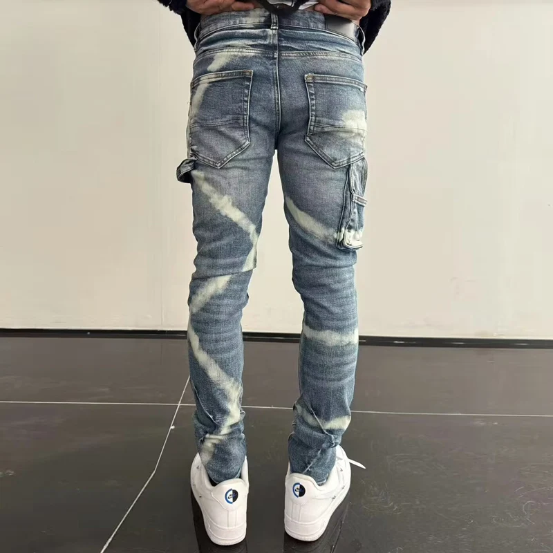 Street Fashion Men's Tight Jeans Retro Light Blue Elastic Tight Hip Hop Jeans Men's Multi Pocket Panel Designer Brand Pants Homb