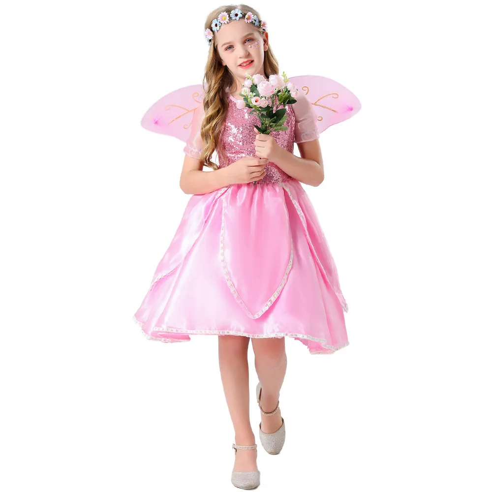 Ragazze Flower Fairy Dress Up Kids Princess Dress With Wings Halloween Cosplay Costume Elves Party Tinkerbell Tinker Bell Dress