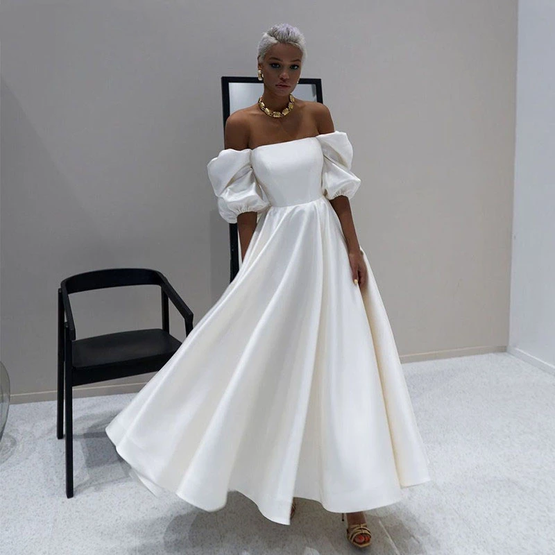 

Vintage Satin Party Dresses Off The Shoulder Short Puffy Sleeves Ankle Length A-Line Simple Evening Gowns robes de soirée платье