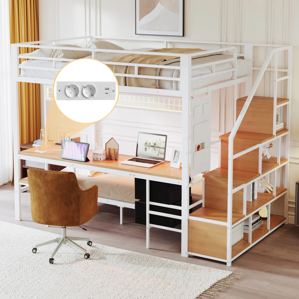 Metall-Etagenbett, Multifunktionsbett mit Schreibtisch, LED, Steckdosen, offenem Stauraum und Stoffschubladen, 140*200 cm und 90*200 cm – Detail 20