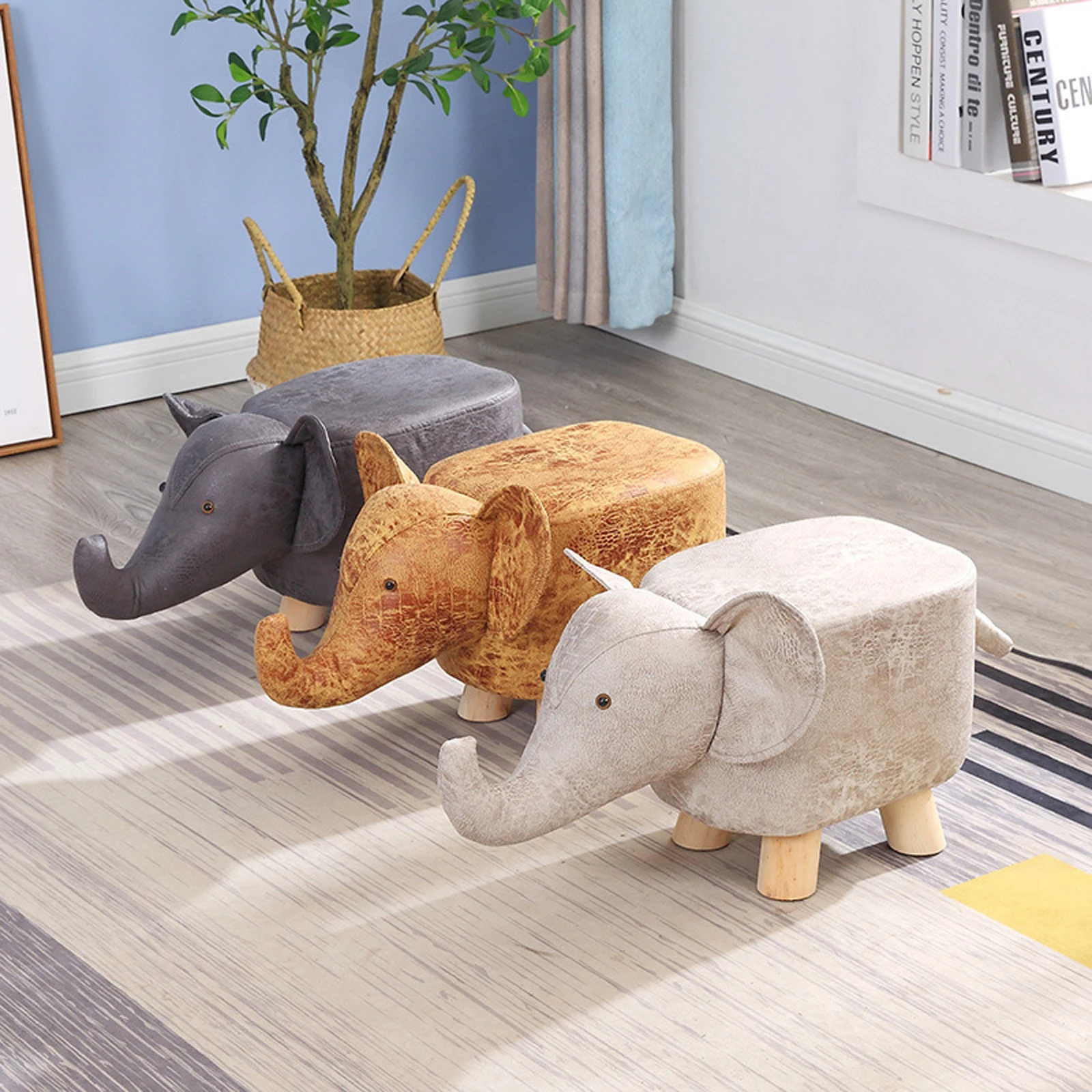 Elephant Animal Footstool Kids Learning Stool Bench Stool Children Cartoon Stool Solid Wood Stool for Bedroom Playroom Decor