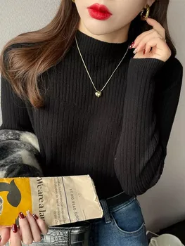 Vintage Basic Solid Knitted Korean Top Women Autumn Winter Turtlneck Sweater Casual Slim Pullover Sweaters Simple Chic Pullovers