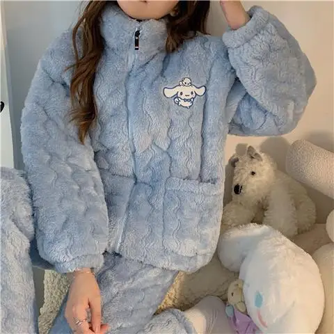 

Sanrio Cinnamoroll Couple Three Layers of Thickened Cotton Pajamas Women Winter Coral Velvet Padded Cartoon Men's Home Clothing