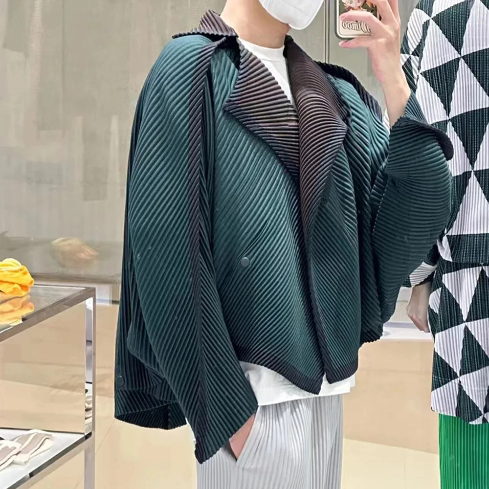 Miyake Pleated Autumn New Men's Trench Coat Original Designer Hip Hop Colored Vertical Stripe Short Jacket Top 2