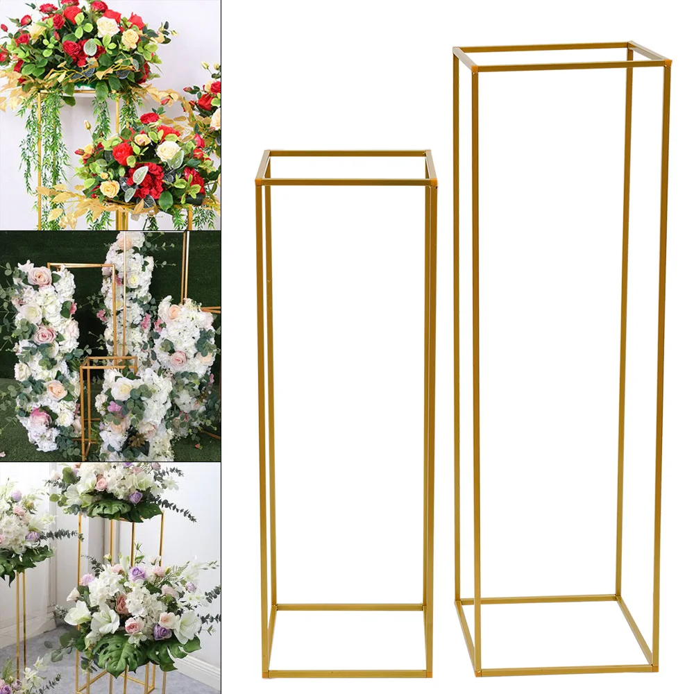 2Pcs Gold Metal Tabletop Flower Rack Road Lead Stand Geometric Column Vase Stand Wedding Party Decor 80cm+100cm