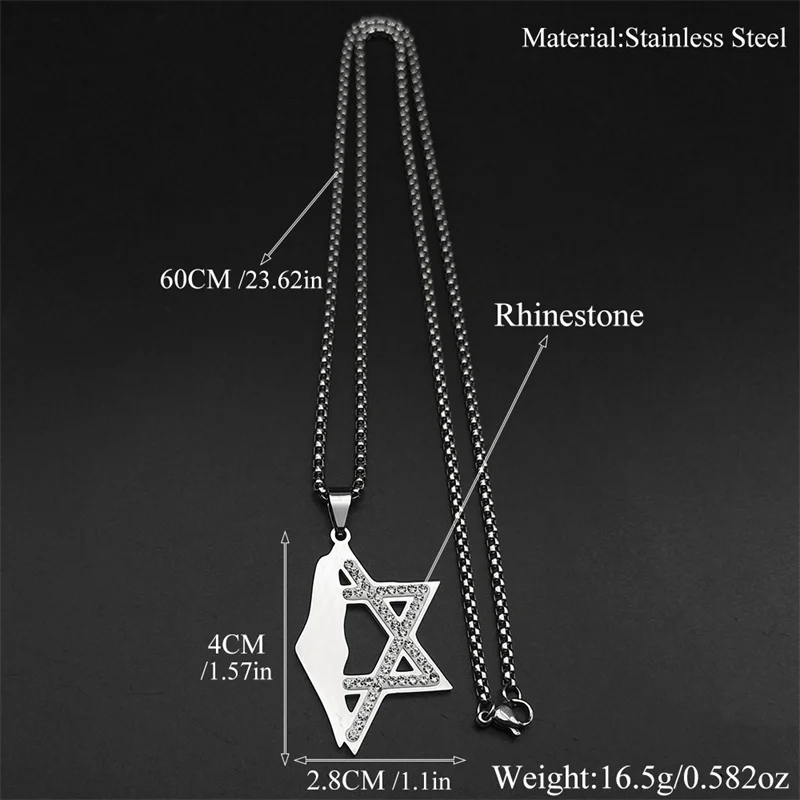 שרשרת מפת ישראל מגן דוד סטיינלס סטיל עם זירקונים - תמונה 1
