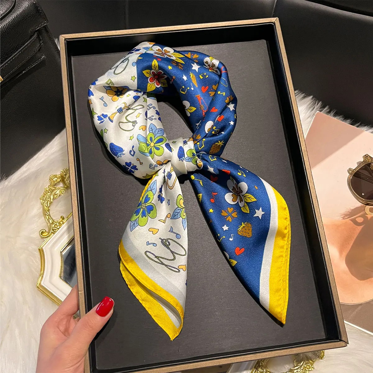 New Design Floral 70*70cm Silk Satin Hair Scarf Women Handkerchief Printed Female Square Head Bandana Small Neck Muffler Hijab