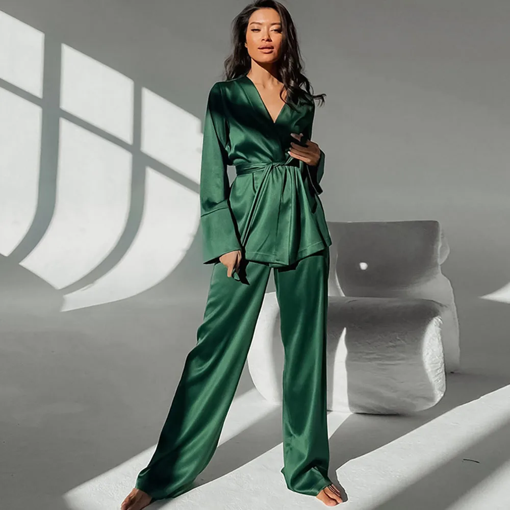 Spring New Europen Style Nightgown For Women Ice Silk Comfortable Cardigan Lace-up Long Sleeved Loose Pants 2Pcs Home Sleepwear