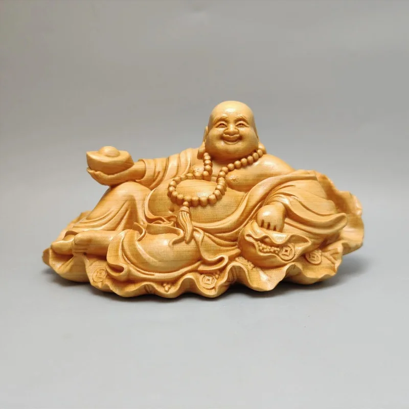 

Arborvitae Lotus Leaf Ingot Maitreya Buddha Wood Carving Carved Crafts Home Interior Study Room Decoration Lucky Car Ornaments