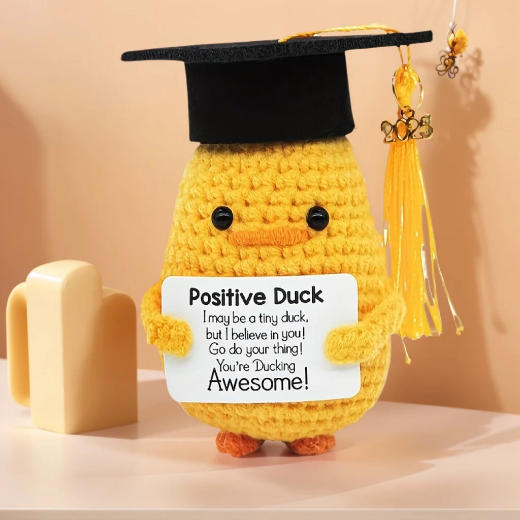 Funny Positive Energy Duck Handmade Plush Wool With Card graduation gift Cute Knitted Doll Duck Ornament Home Room Decoration
