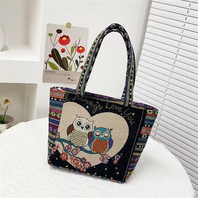 Women’s Embroidered Tote Bag – Retro Owl Print - Image 2