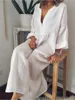 Loose Cotton Linen Women's Long Skirt Spring New Korean Version Loose Casual Solid Color Long Sleeved Button Up Dress