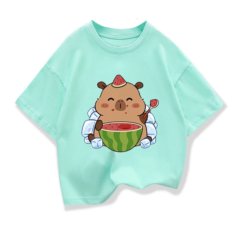 Summer New Capybara Watermelon Printed Cartoon Fashion Short Sleeve T-shirt Kids Clothing Tees Girls Loose Casual Tops T Shirts