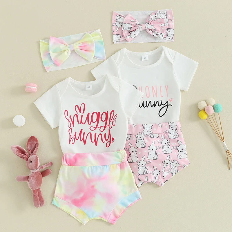 

2023-12-11 Lioraitiin Newborn Baby Girl Easter Outfit Bunny Short Sleeve Romper Tops Shorts Pants Set Headband Summer Clothes