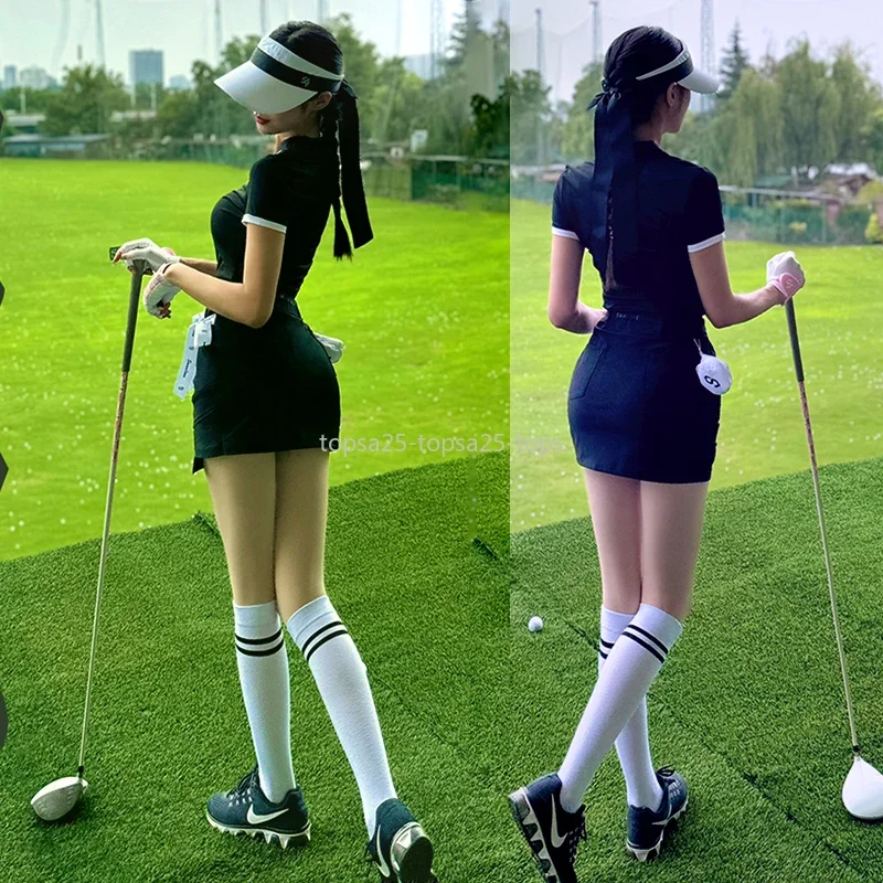 SG Sports New Golf Women Shirts V-neck Short Sleeved Sports Tops Ladies Slim Skirt with Bow Ribbon Leisure Pencil Skort Suit
